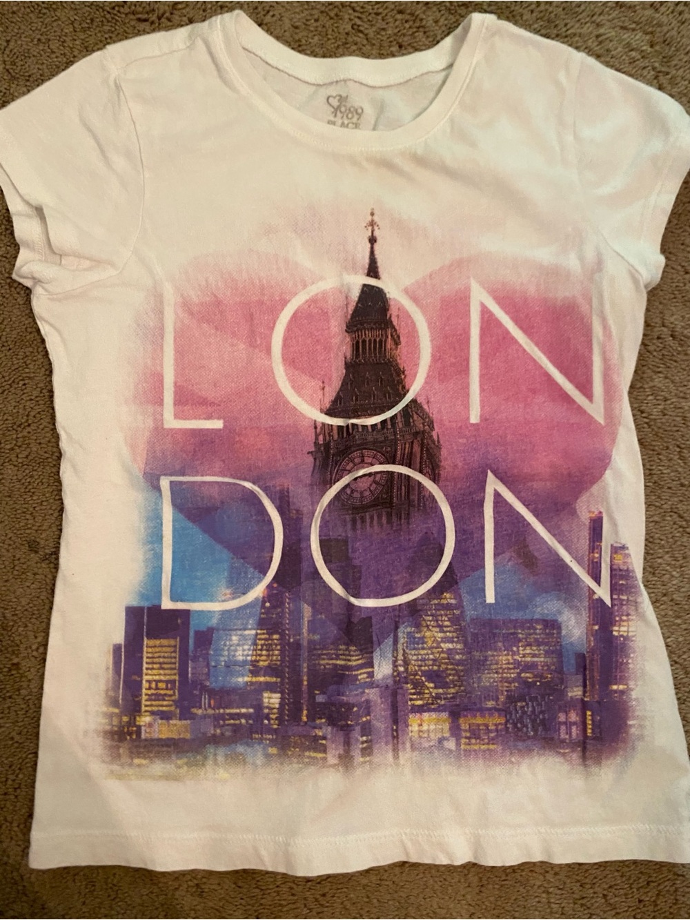 The Children's Place White Tee with Pink & Purple London Graphic